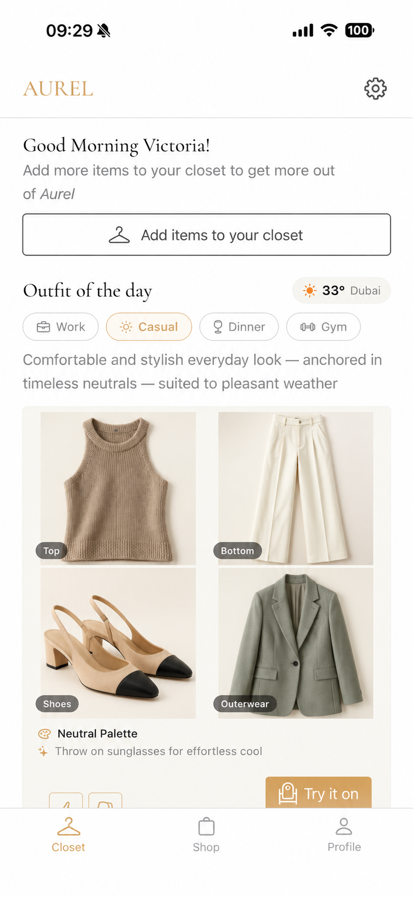 Aurel closet with an outfit of the day and suggestions for different occasions