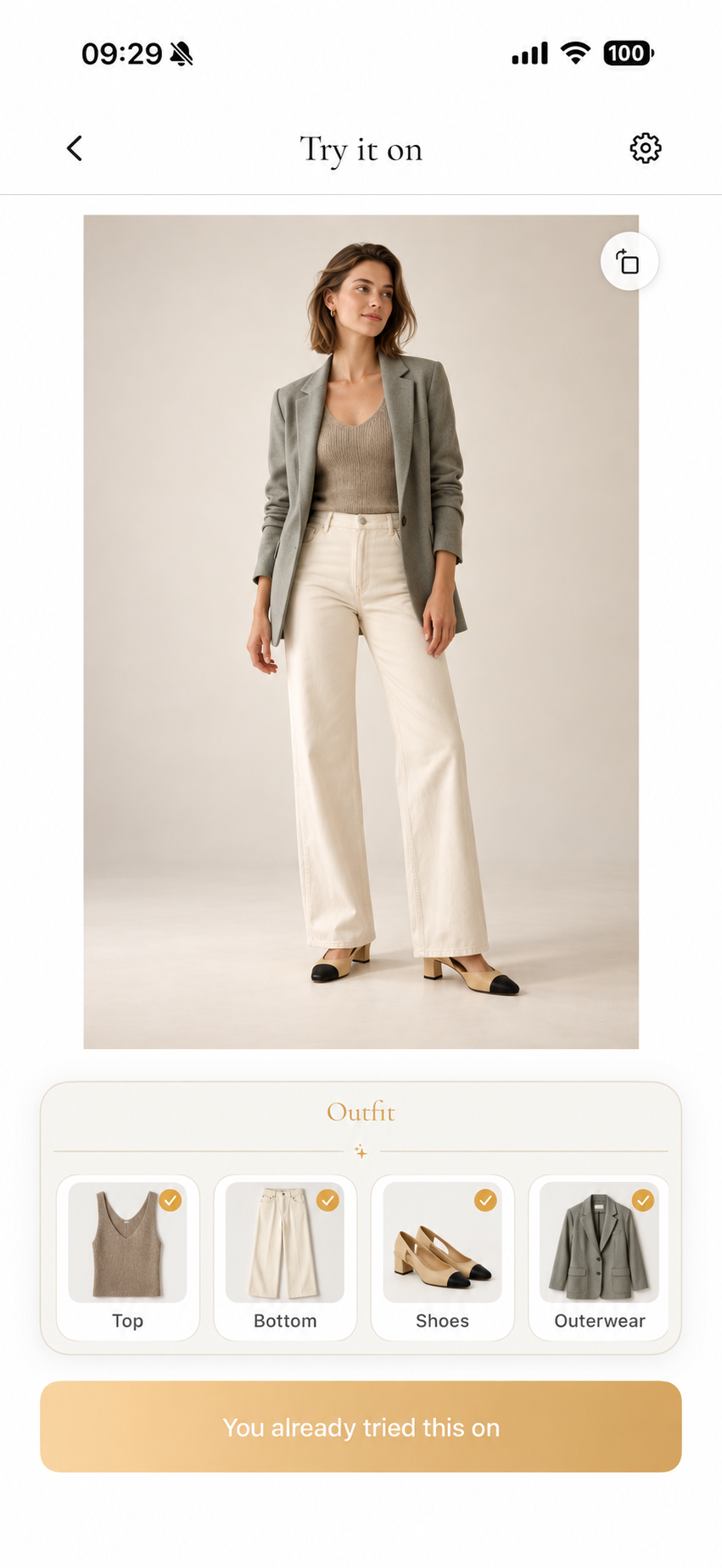 Aurel virtual try-on showing a neutral outfit with a blazer, knit top and cream trousers
